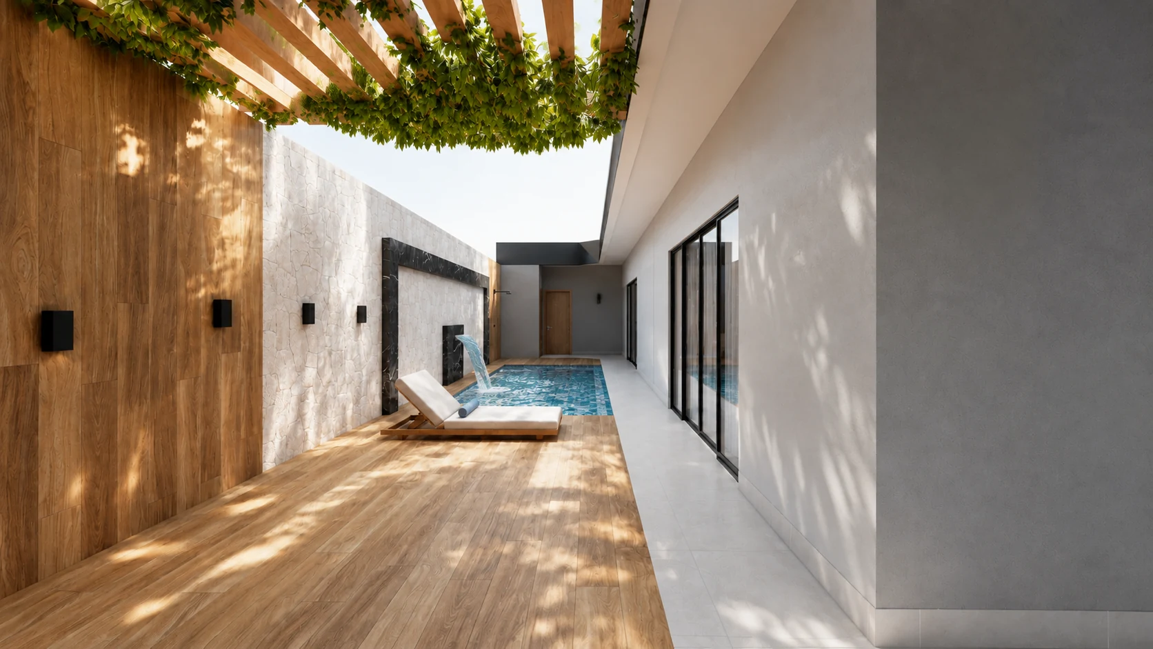 Área de lazer com luz atravessando o pergolado, vegetação e piscina
