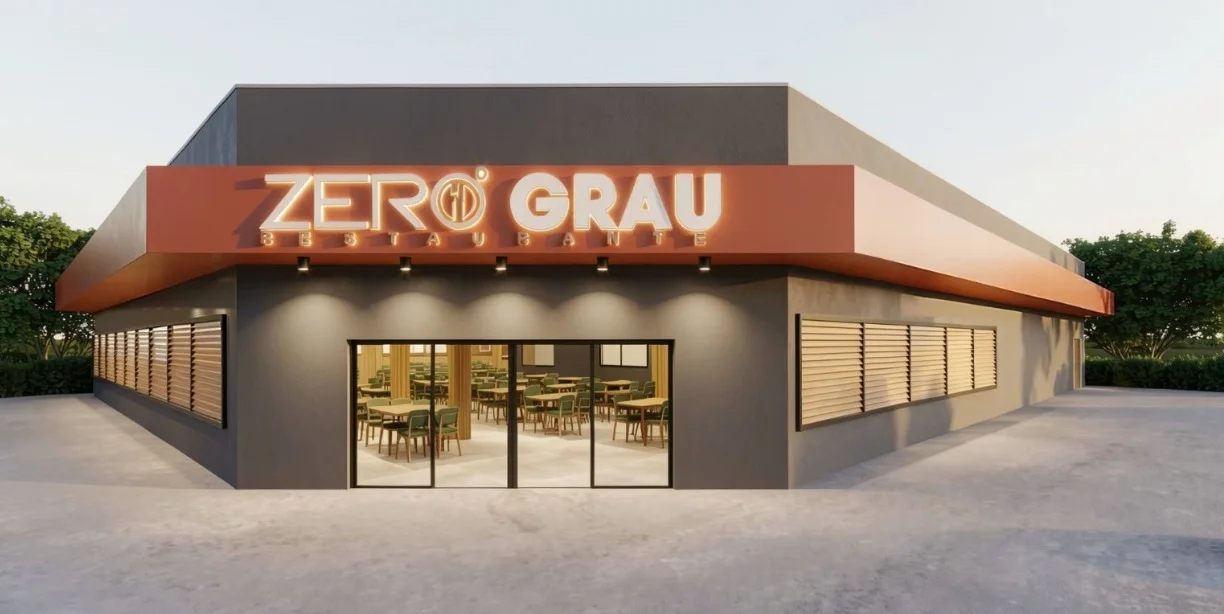 Fachada do Restaurante Zero Grau, com marquise terracota e entrada envidraçada